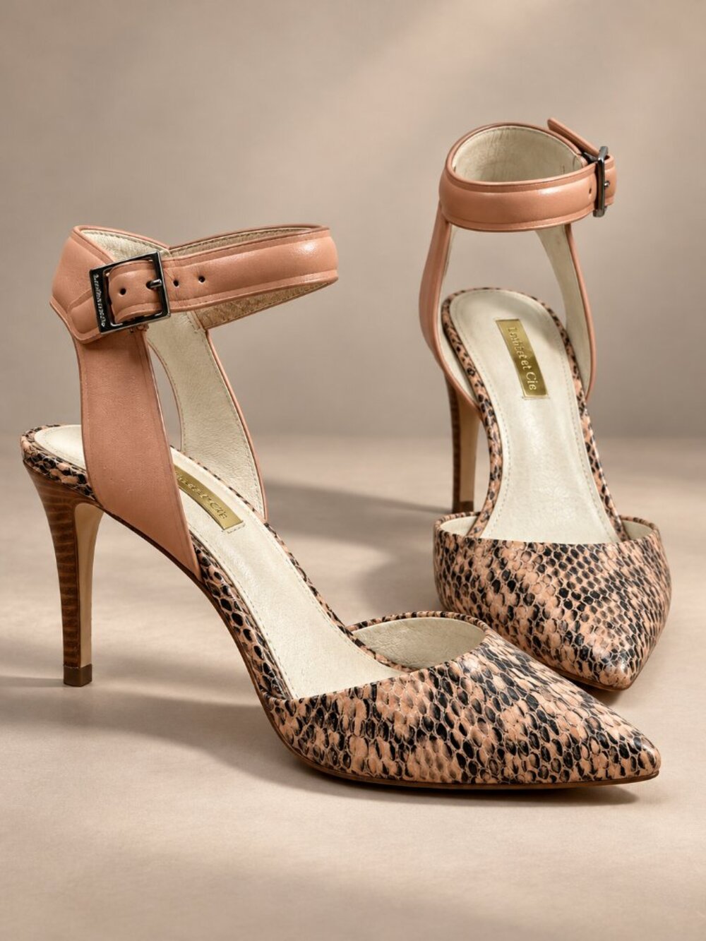 Louise et Cie Kota Pumps 7.5 M Blush Pink Snake Print Ankle Strap Heels